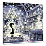 Magical Wall Art Canvas featuring a character in a mystical potion room filled with glowing bottles
