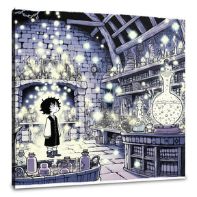 Magical Wall Art Canvas featuring a character in a mystical potion room filled with glowing bottles