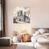 Charming wall art canvas featuring a historical building in a serene bedroom setting
