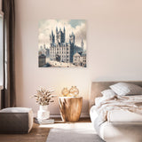 Charming wall art canvas featuring a historical building in a serene bedroom setting