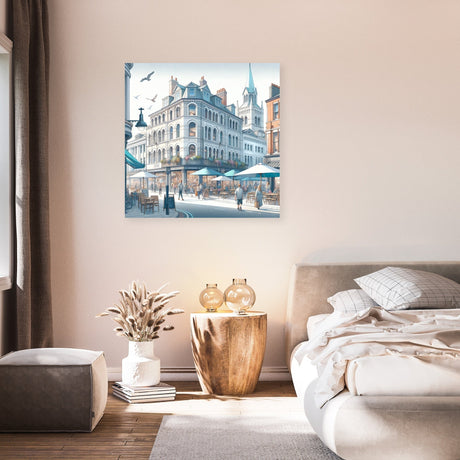 Charming wall art canvas featuring a lively urban street scene in soft colours for modern decor