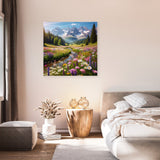 Beautiful wall art canvas featuring a scenic mountain landscape with flowers and a river in a peaceful bedroom setting