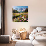 Beautiful wall art canvas featuring a scenic mountain landscape with flowers and a river in a peaceful bedroom setting