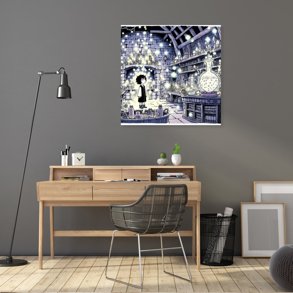 Whimsical Wall Art Canvas featuring a magical laboratory scene with potion bottles and a wizard