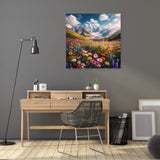 Vibrant Wall Art Canvas featuring a mountain landscape with colourful flowers in an elegant office setting