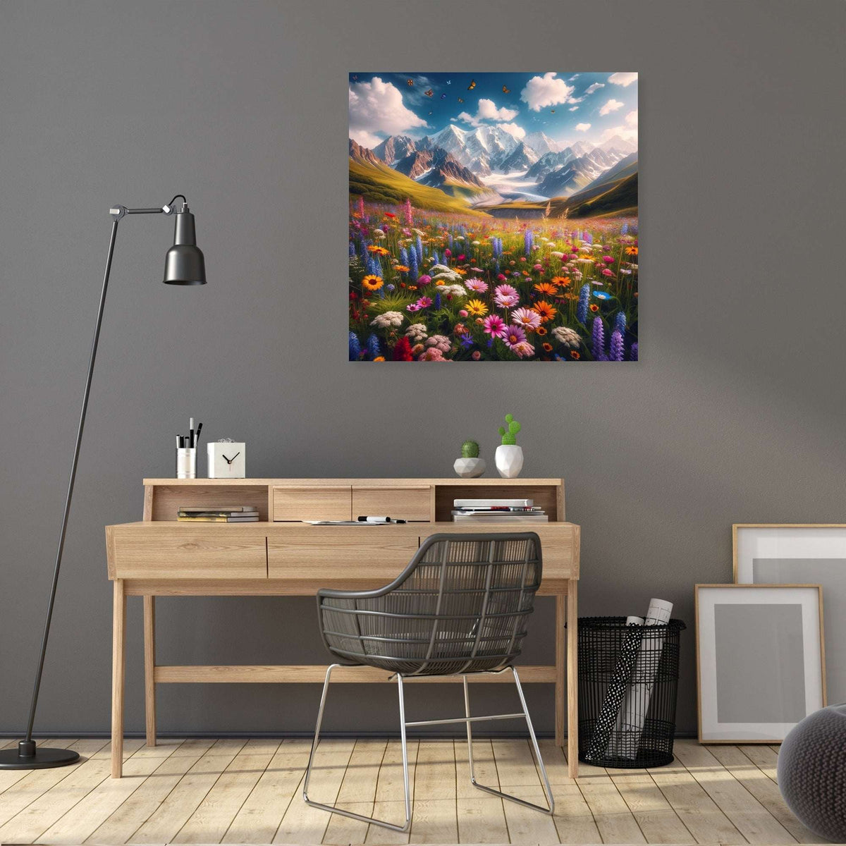 Vibrant Wall Art Canvas featuring a mountain landscape with colourful flowers in an elegant office setting