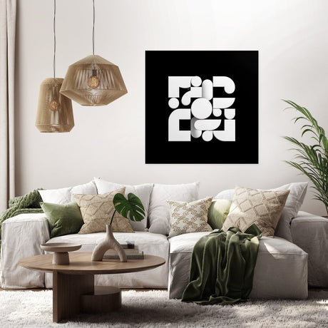 Modern abstract Wall Art Canvas on white wall above stylish sofa with greenery and decor