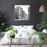 Contemporary Wall Art Canvas depicting modern architecture in a stylish bedroom setting