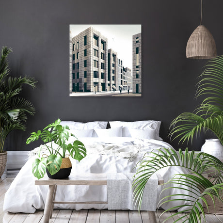 Contemporary Wall Art Canvas depicting modern architecture in a stylish bedroom setting