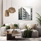 Modern wall art canvas depicting urban architecture, enhancing a stylish living room decor