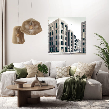 Modern wall art canvas depicting urban architecture, enhancing a stylish living room decor
