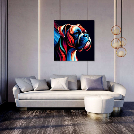 Vibrant Wall Art Canvas of a Colourful Boxer Dog in Living Room Setting