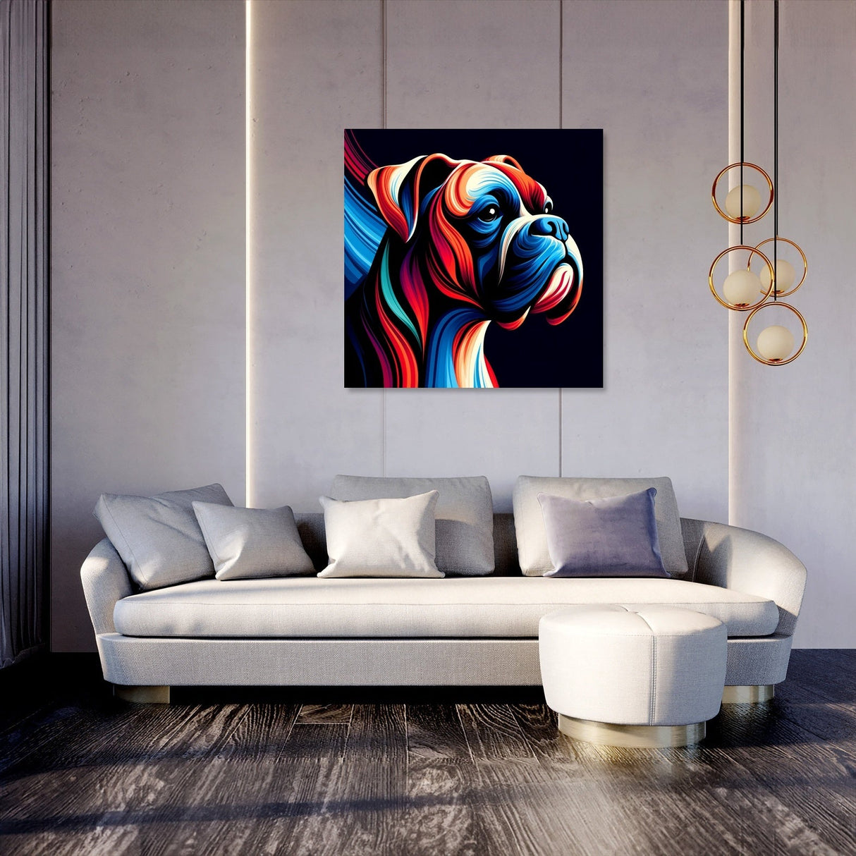 Vibrant Wall Art Canvas of a Colourful Boxer Dog in Living Room Setting