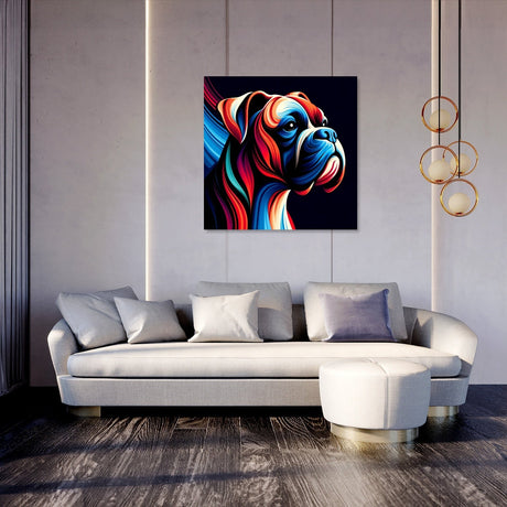 Vibrant Wall Art Canvas of a Colourful Boxer Dog in Living Room Setting