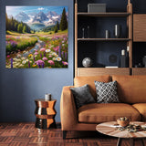 Beautiful Wall Art Canvas featuring a scenic mountain landscape with vibrant flowers and a serene river