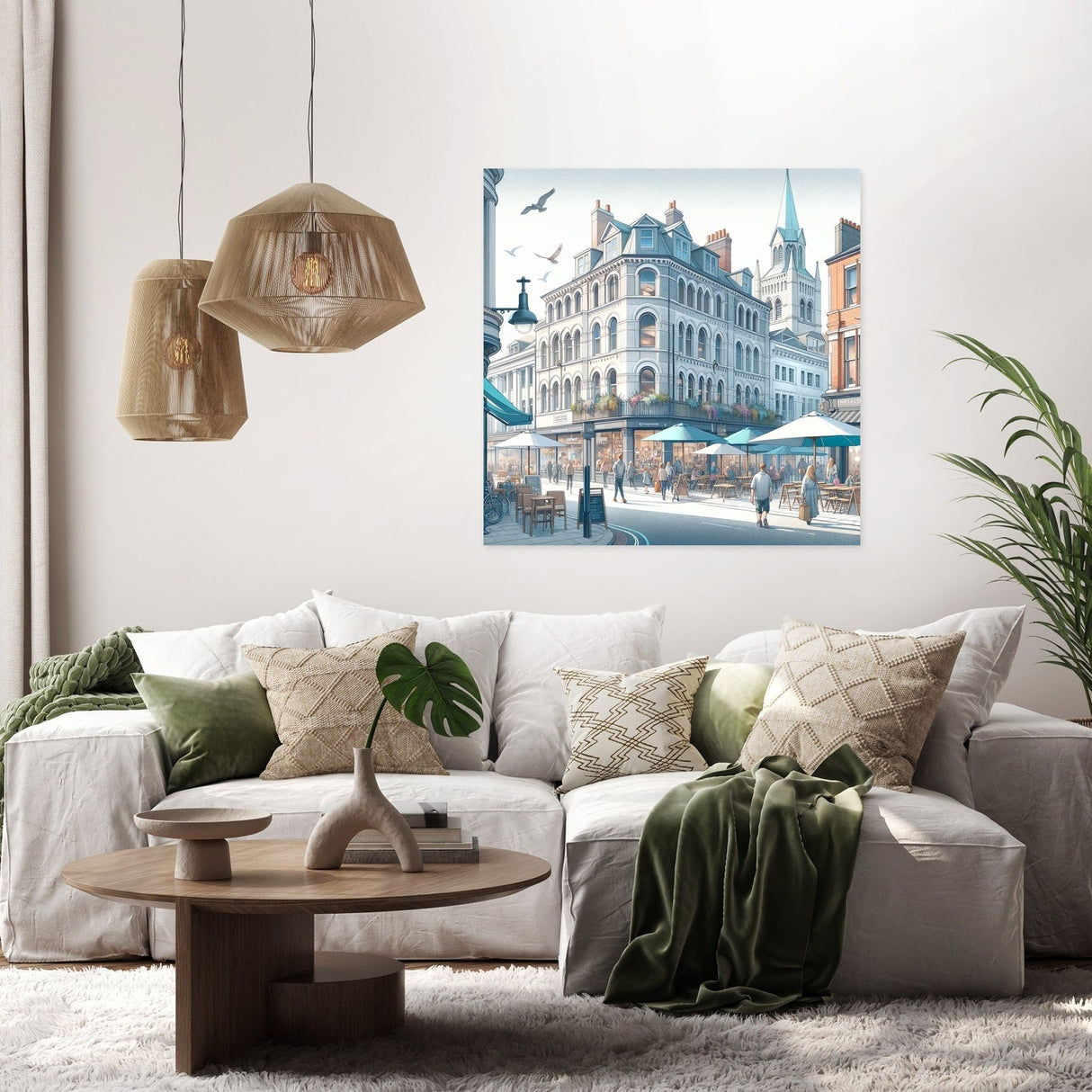 Charming Wall Art Canvas depicting a city street scene with cafes and vintage architecture