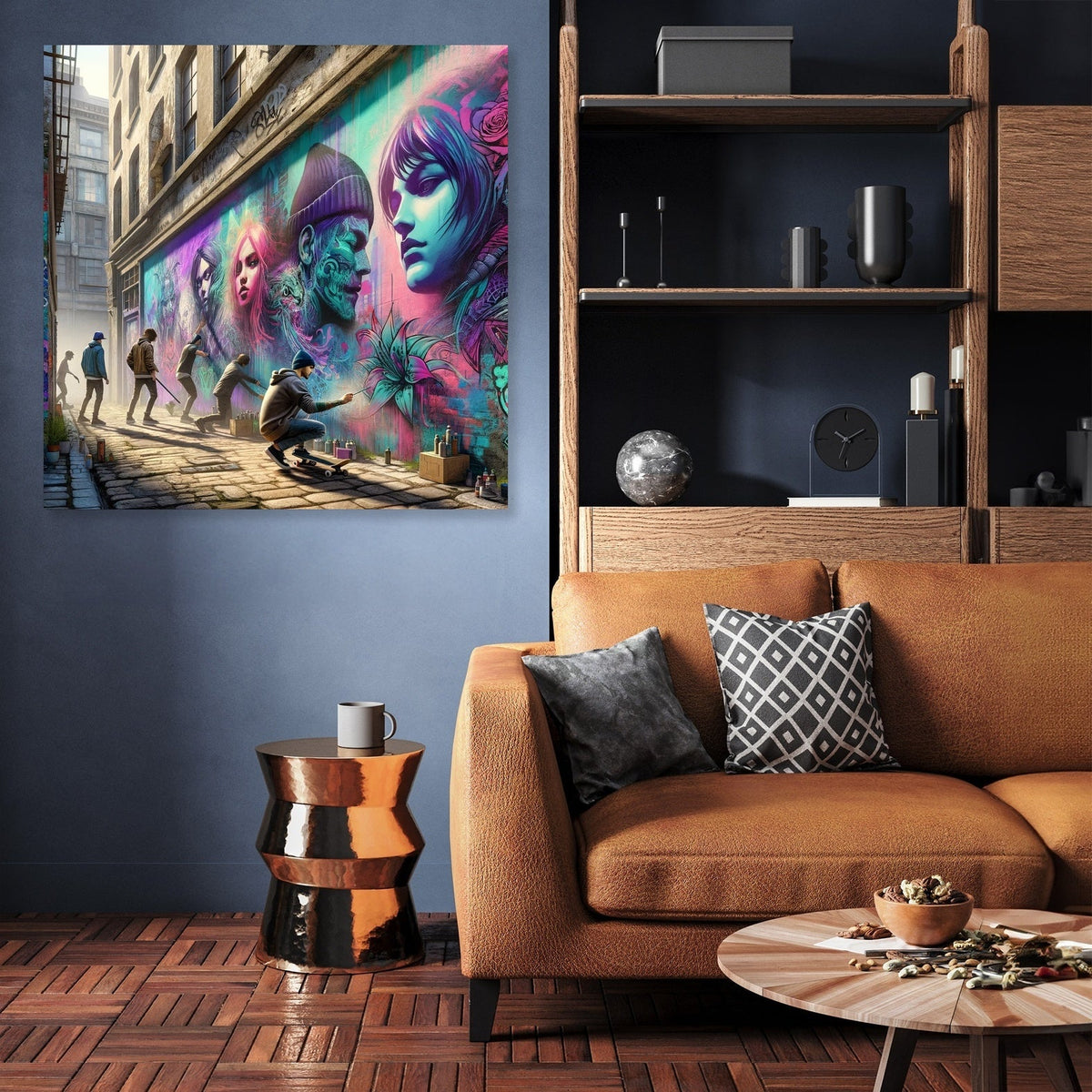 Vibrant urban Wall Art Canvas featuring colourful street art in a modern living room setting