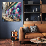 Vibrant urban Wall Art Canvas featuring colourful street art in a modern living room setting