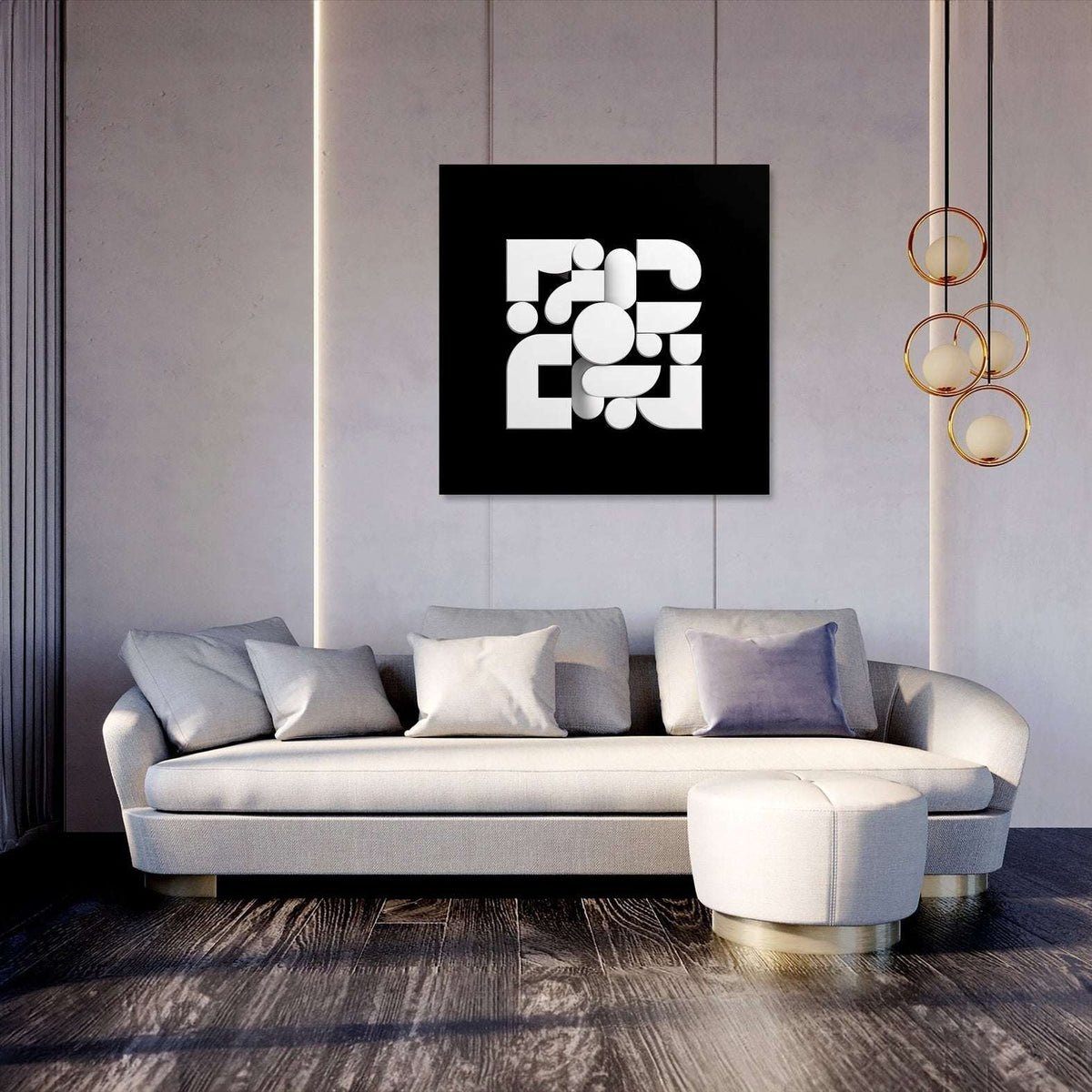 Modern abstract wall art canvas featuring geometric shapes in black and white above a stylish sofa
