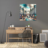 Vibrant Wall Art Canvas depicting a busy city street scene with cars and pedestrians