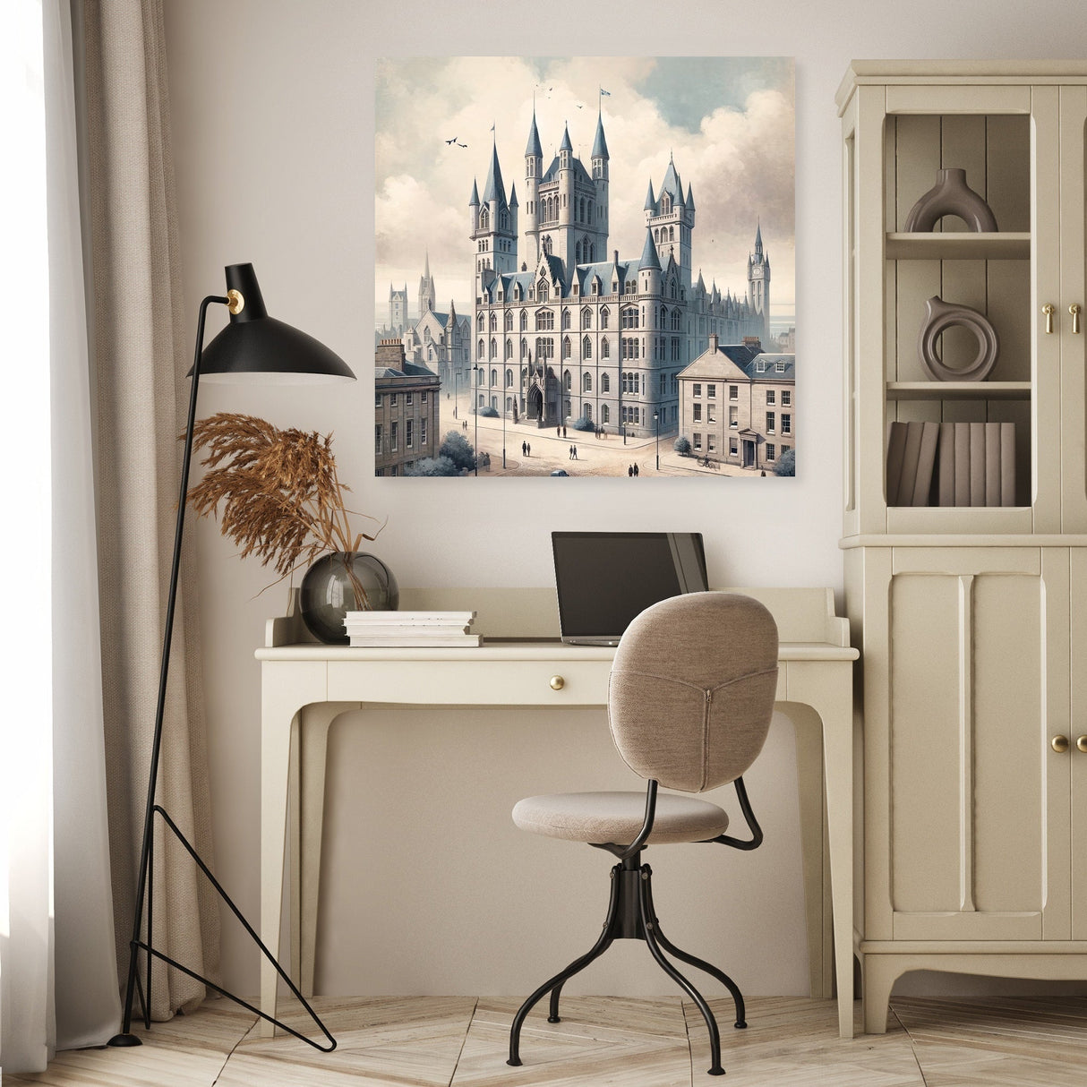 Elegant wall art canvas featuring a scenic architecture illustration in a stylish home office