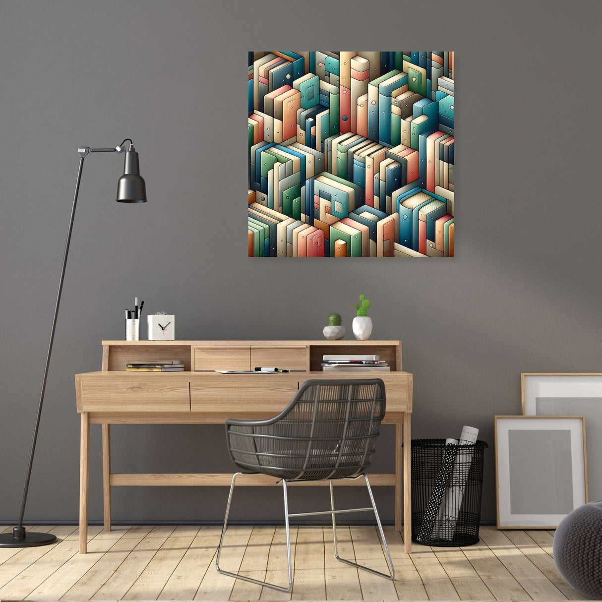Colourful Wall Art Canvas featuring stacked books in a modern home office setting