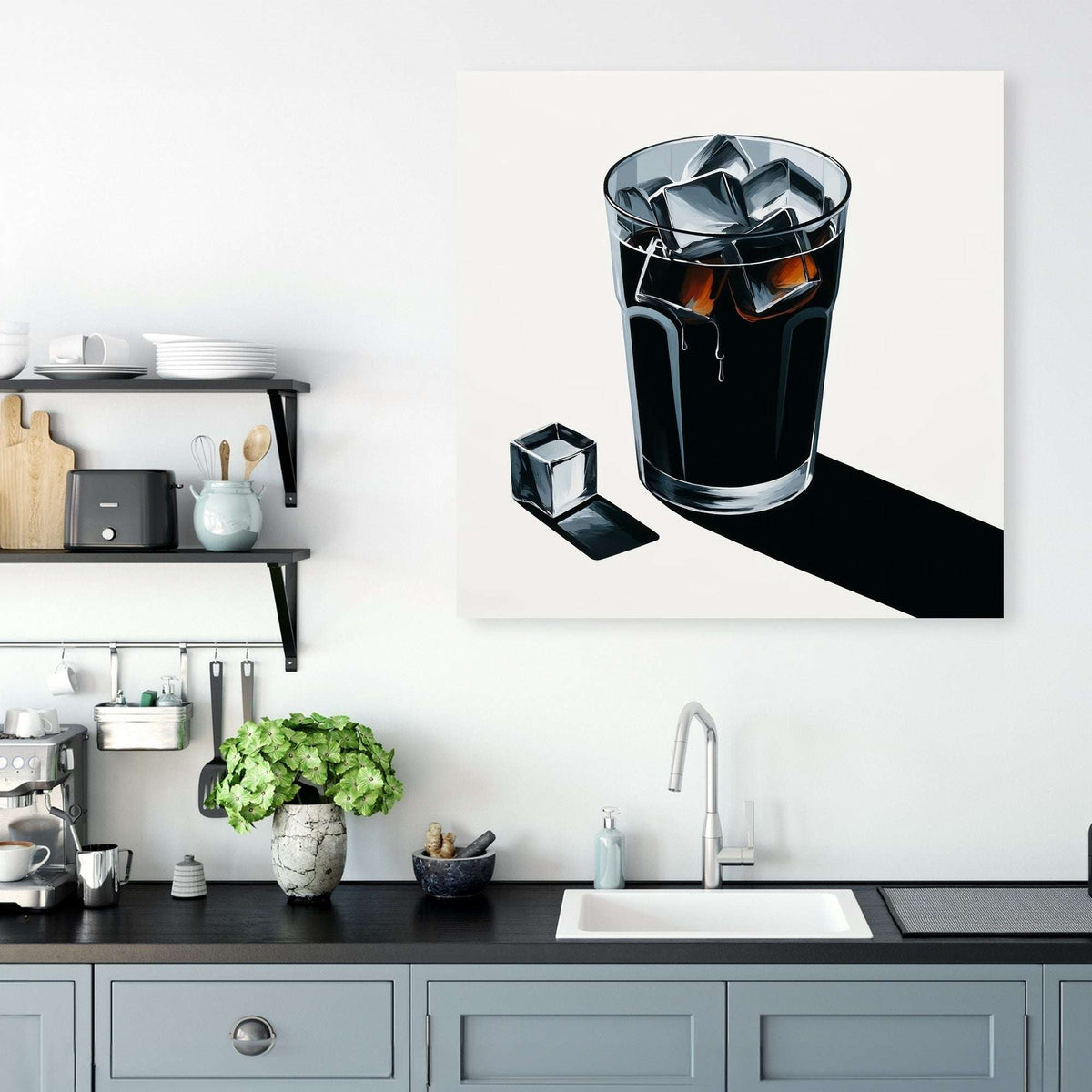 Stylish Wall Art Canvas featuring a glass of cola with ice cubes, perfect for kitchen decor