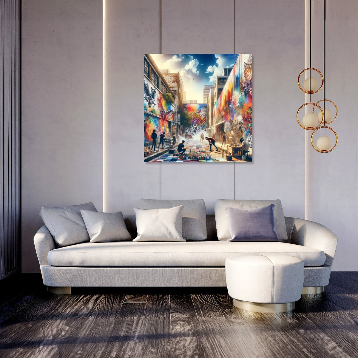 Colourful Wall Art Canvas depicting a vibrant urban scene above a modern sofa in a stylish living room