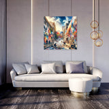 Colourful Wall Art Canvas depicting a vibrant urban scene above a modern sofa in a stylish living room