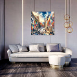 Colourful Wall Art Canvas depicting a vibrant urban scene above a modern sofa in a stylish living room