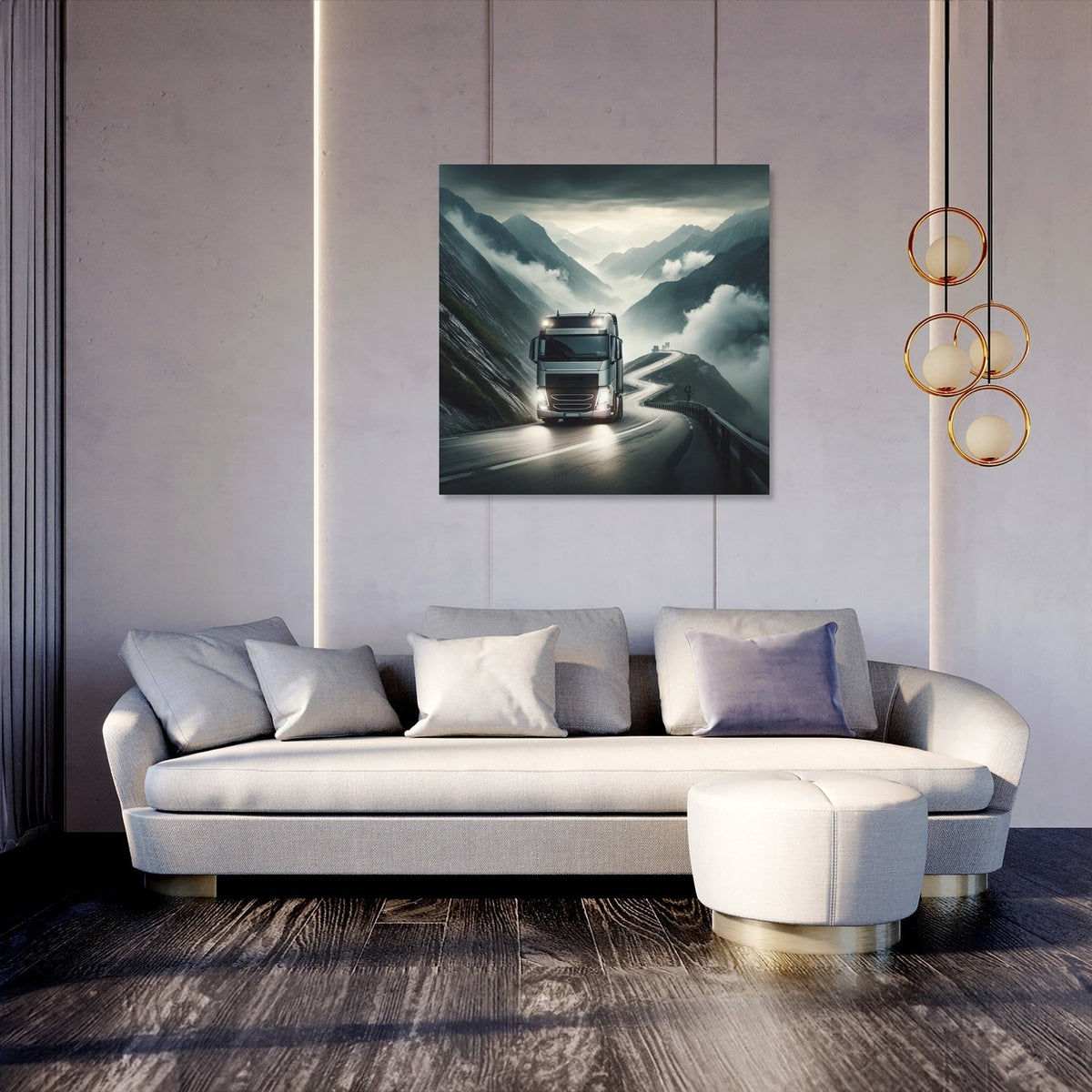 Stylish wall art canvas featuring a truck on a misty mountain road, enhancing modern home decor
