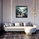 Stylish wall art canvas featuring a truck on a misty mountain road, enhancing modern home decor