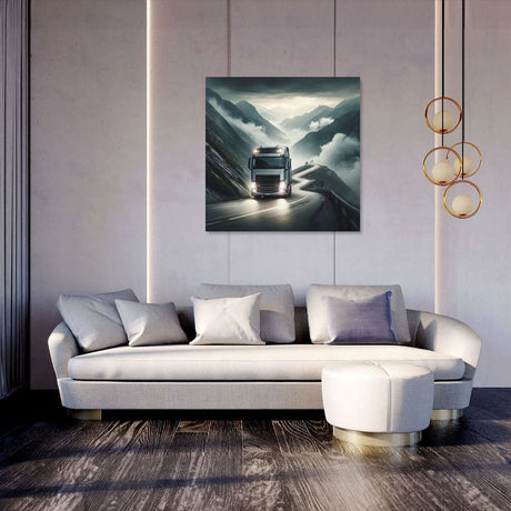 Stylish wall art canvas featuring a truck on a misty mountain road, enhancing modern home decor