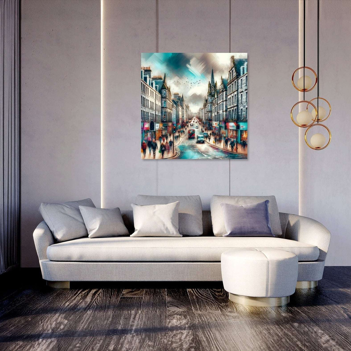 Stylish wall art canvas depicting a bustling city scene, perfect for home decor