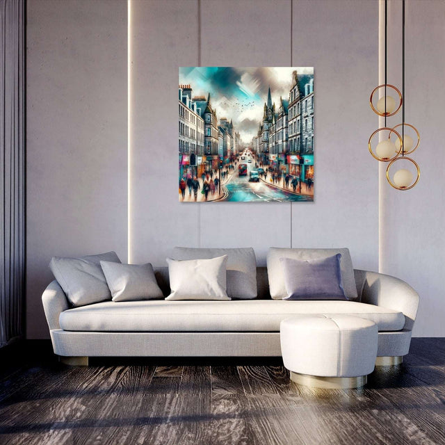 Stylish wall art canvas depicting a bustling city scene, perfect for home decor
