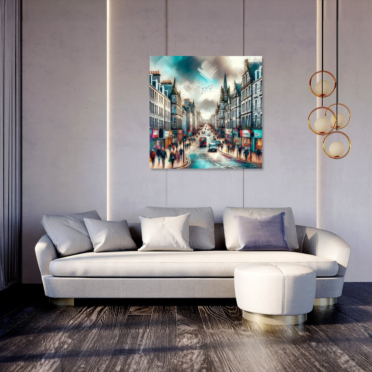 Stylish wall art canvas depicting a bustling city scene, perfect for home decor