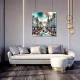 Stylish wall art canvas depicting a bustling city scene, perfect for home decor