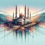 Stunning Wall Art Canvas featuring a mosque surrounded by mountains and a reflective body of water