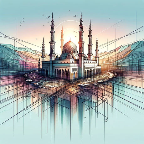 Stunning Wall Art Canvas featuring a mosque surrounded by mountains and a reflective body of water