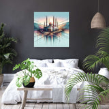 Beautiful Wall Art Canvas depicting a serene mosque reflection in a modern bedroom setting