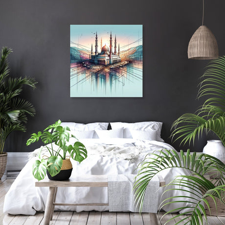 Beautiful Wall Art Canvas depicting a serene mosque reflection in a modern bedroom setting