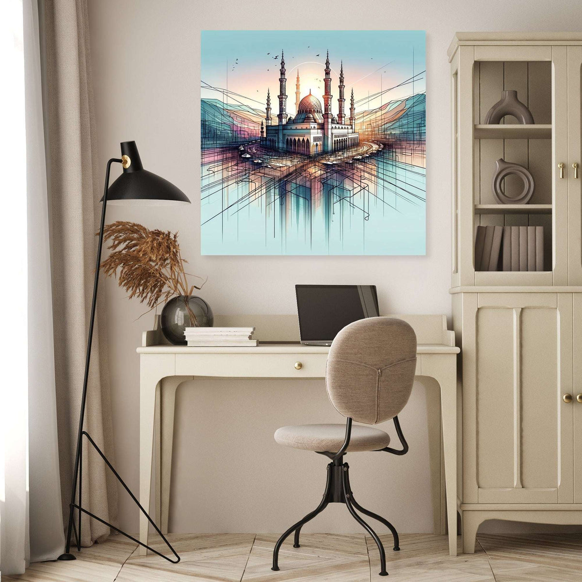 Modern Wall Art Canvas featuring a stunning mosque landscape in soft pastel colours