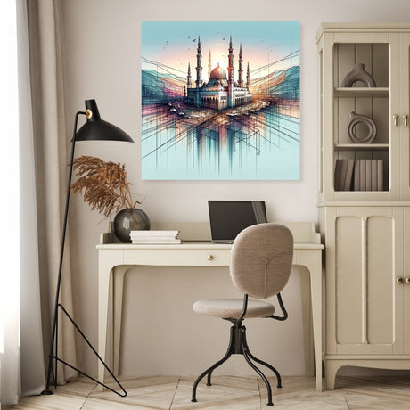 Modern Wall Art Canvas featuring a stunning mosque landscape in soft pastel colours