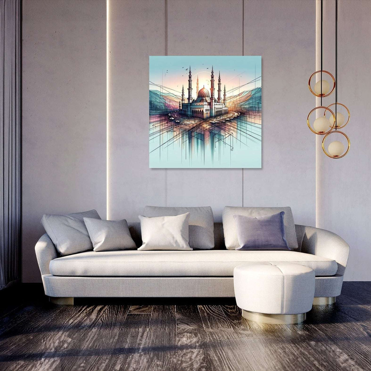 Stylish wall art canvas featuring a vibrant mosque landscape, perfect for modern home decor