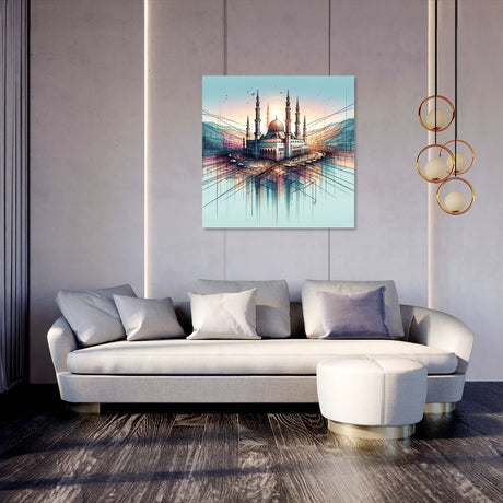 Stylish wall art canvas featuring a vibrant mosque landscape, perfect for modern home decor