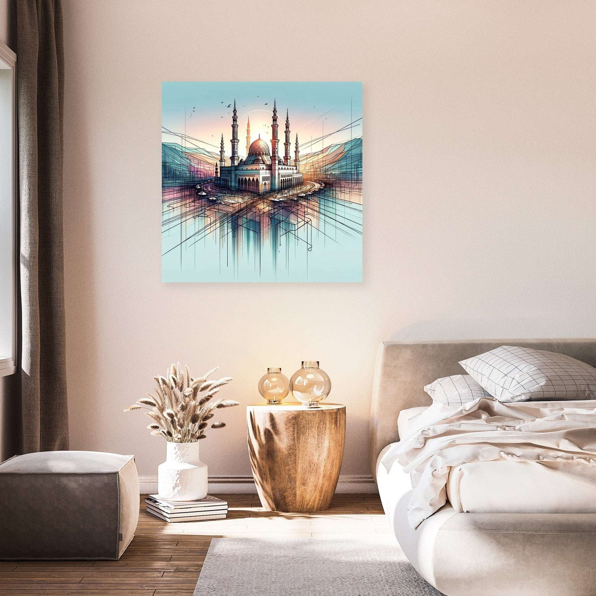 Vibrant wall art canvas featuring a serene mosque skyline, perfect for home decor