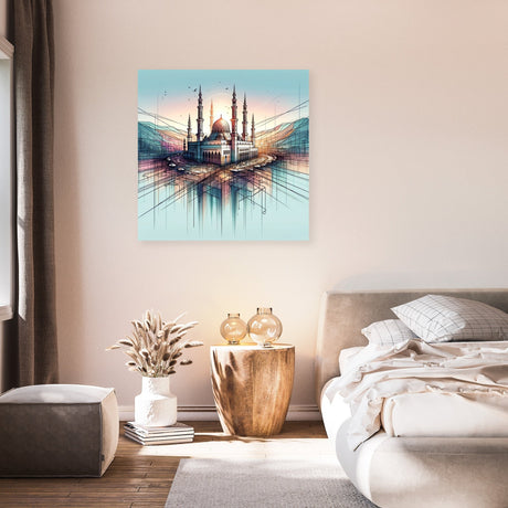 Vibrant wall art canvas featuring a serene mosque skyline, perfect for home decor