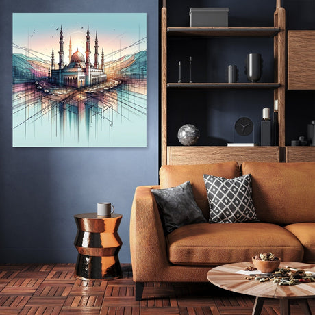 Contemporary wall art canvas featuring a picturesque mosque set against a colourful skyline