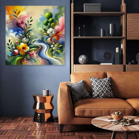 Colourful abstract Wall Art Canvas featuring vibrant floral designs in a modern living room setting