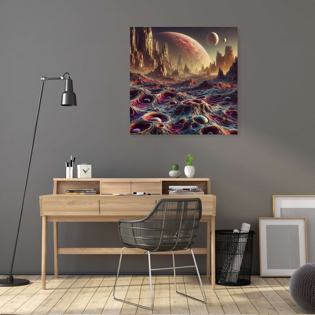 Beautiful abstract Wall Art Canvas depicting a cosmic landscape with planets and waves